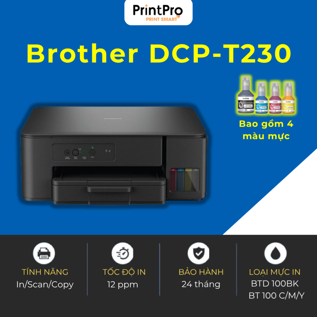 Máy in phun màu đa chức năng Brother DCP-T230 (in/copy/scan) -Bảo hành 24 tháng