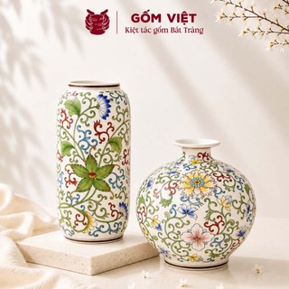 Bình, lọ hoa vẽ tay họa tiết vườn hoa dây leo nở rộ cao cấp - Gốm sứ Bát Tràng - Gốm Việt