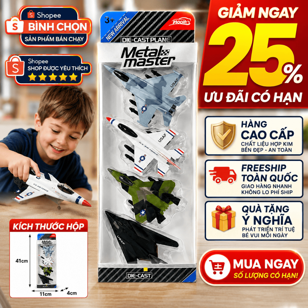 Bộ 4 Máy Bay Chiến Đấu Hợp Kim Đồ Chơi Mô Hình Máy Bay Quân Sự Cho Bé Quà Tặng Bé Trai