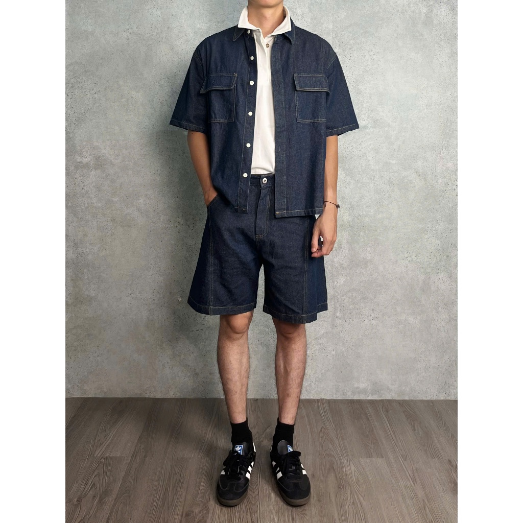 Set Jean Nam Áo Sơ Mi Tay Ngắn Và Quần Short Xanh Denim Form Rộng Vintage Hàn Quốc Urban Denim Set Cao Cấp MODMEN