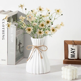 Bình hoa nhựa giả gốm dáng Origami kèm nơ, lọ hoa decor họa tiết vân sọc tối giản hiện đại