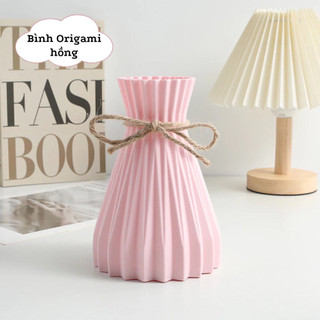Bình hoa nhựa giả gốm dáng Origami kèm nơ, lọ hoa decor họa tiết vân sọc tối giản hiện đại