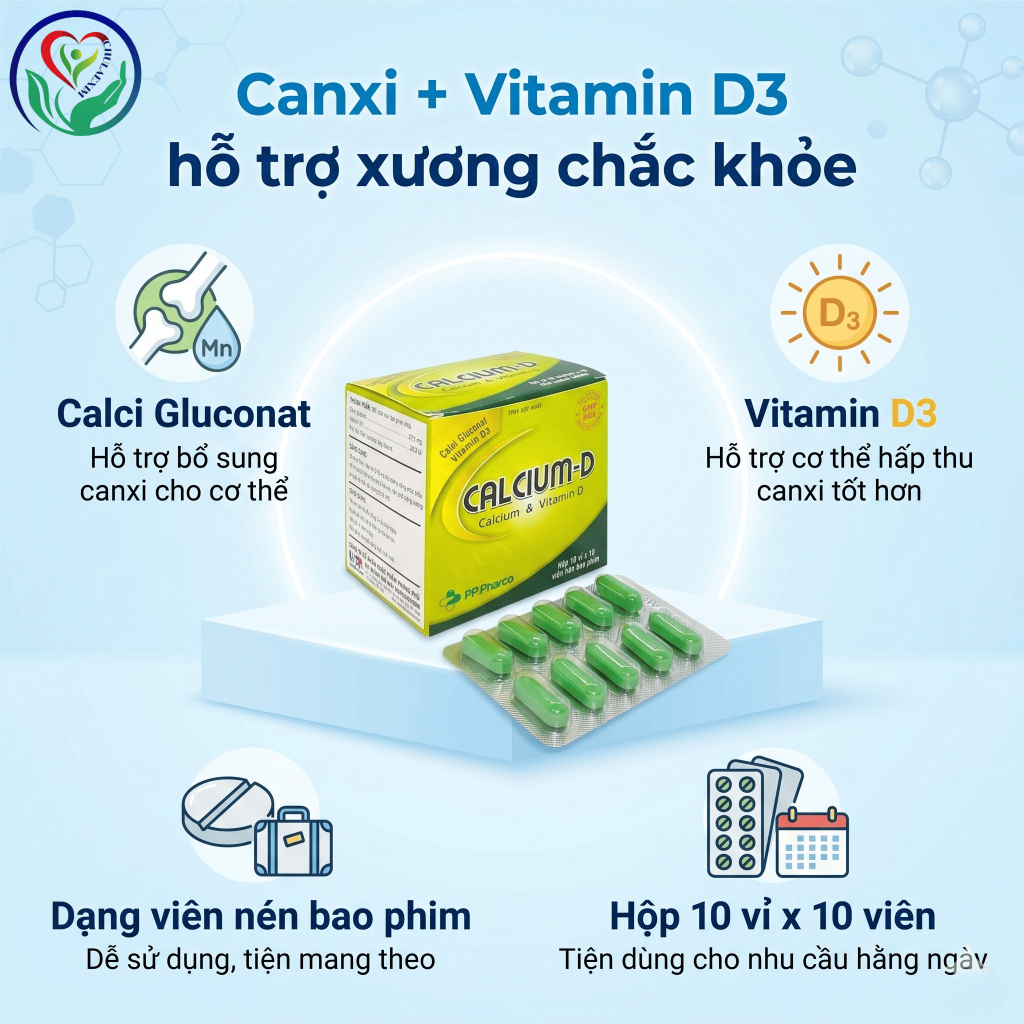 Viên uống Calcium-D PP.Pharco 100 viên bổ sung Canxi D3 hỗ trợ xương răng chắc khỏe