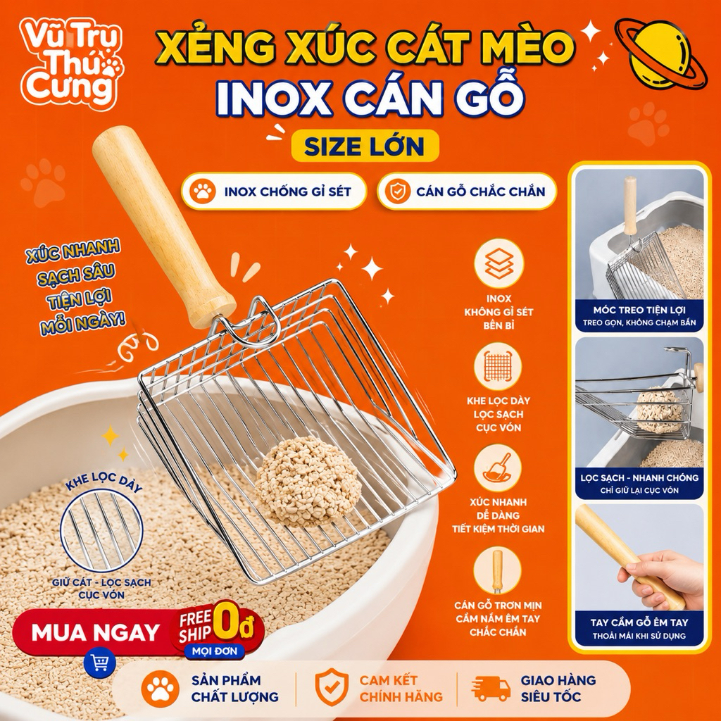 Xẻng xúc cát cho mèo size lớn, chất liệu inox chắc chắn