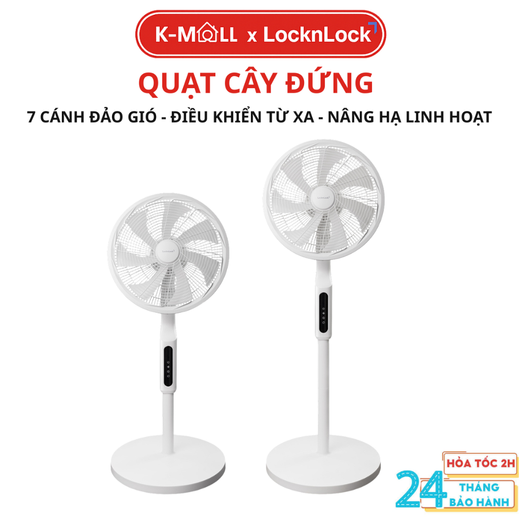 Quạt Cây Đứng LocknLock ENF166WHT Màu Trắng - 7 Cánh Đảo Gió Thông Minh, Điều Khiển Từ Xa - K-MALL