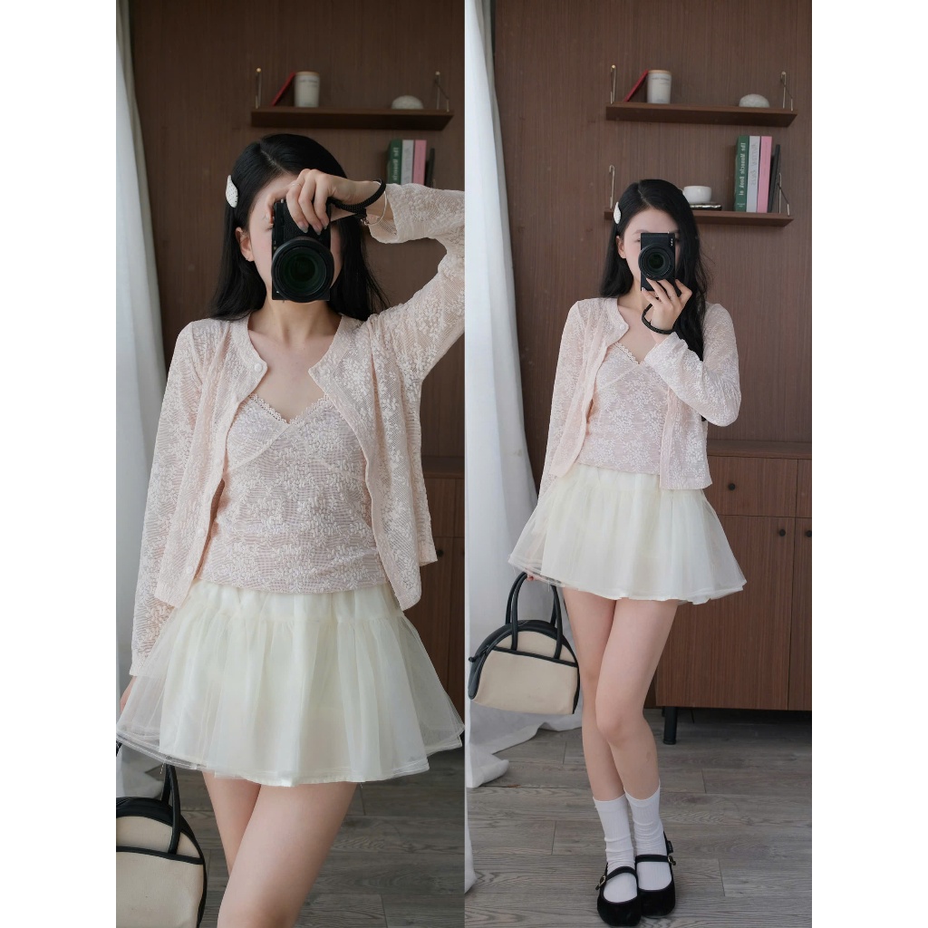 Hàng Loại 1 có size | Nina Set (TSW) Set hoạ tiết ren hoa áo 2 dây kèm áo cardigan Nữ the.sweaterweather