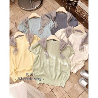 Áo len mềm mỏng khăn họa tiết cộc tay