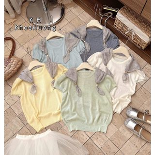 Áo len mềm mỏng khăn họa tiết cộc tay