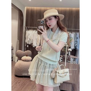 Áo len mềm mỏng khăn họa tiết cộc tay