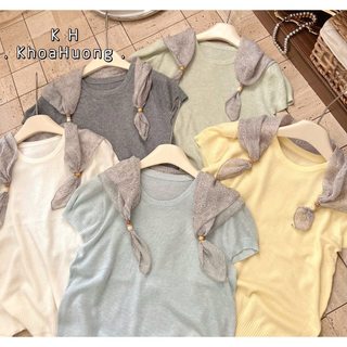 Áo len mềm mỏng khăn họa tiết cộc tay