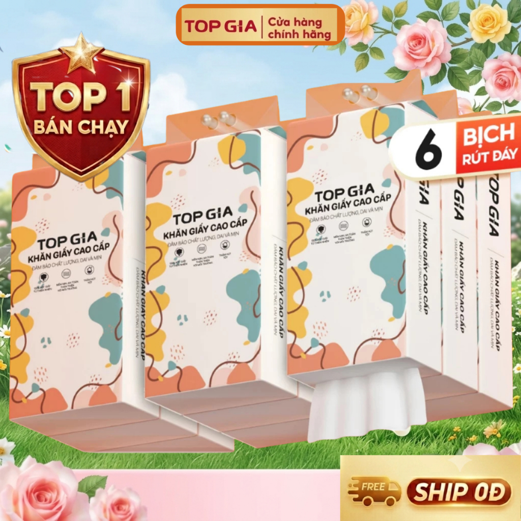 Khăn giấy vệ sinh treo tường TopGia Đa Sắc 6 bịch, khăn giấy treo tường rút 1280 tờ 4 lớp bằng bột gỗ nguyên sinh