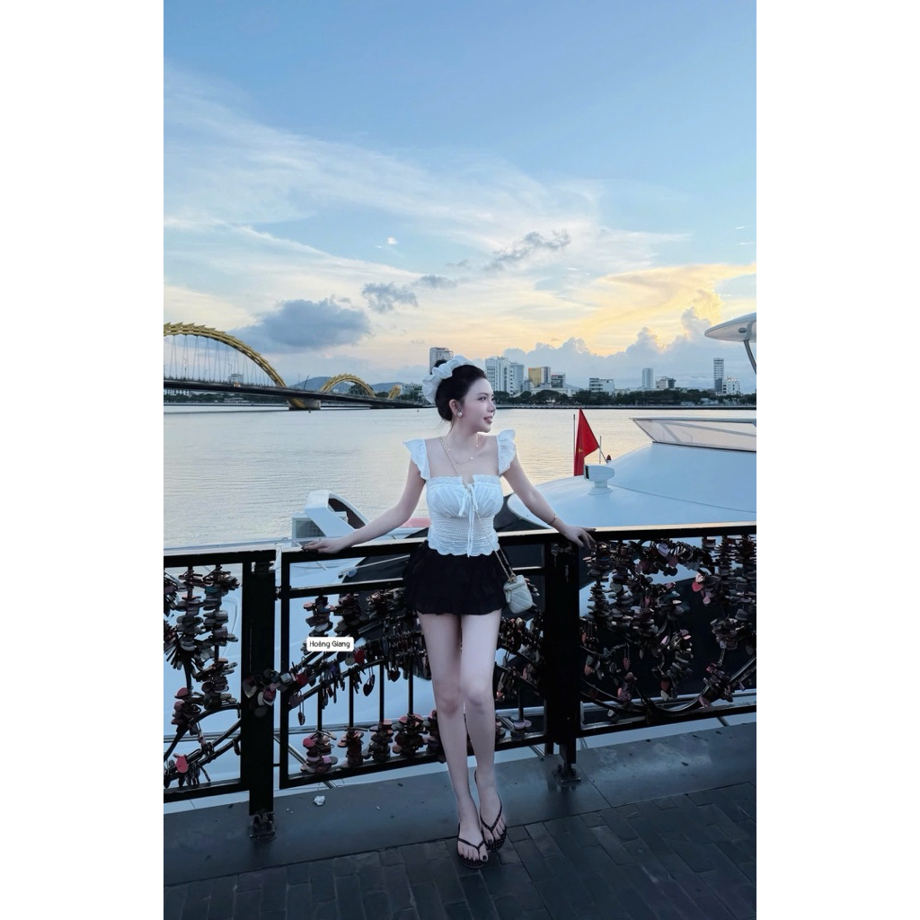 Set áo thô cánh tiên chân váy tầng kèm dây buộc tóc