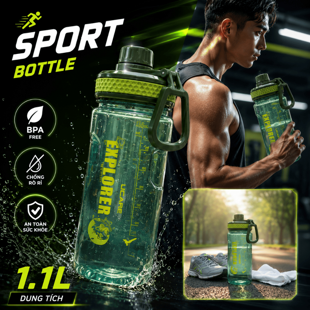Bình Nước Thể Thao Tritan Ucare 1.1L Không BPA Nắp Vặn Chống Rò Rỉ Bình Nước Gym Đi Học Văn Phòng