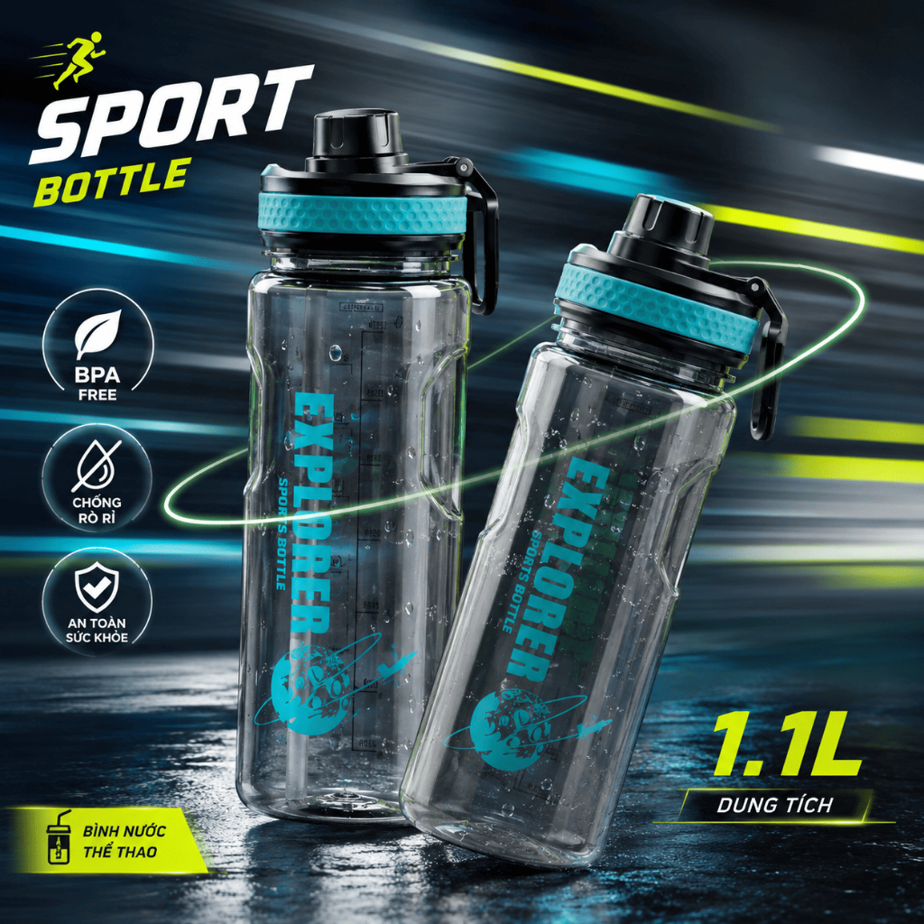 Bình Nước Thể Thao Tritan Ucare 1.1L Không BPA Nắp Vặn Chống Rò Rỉ Bình Nước Gym Đi Học Văn Phòng