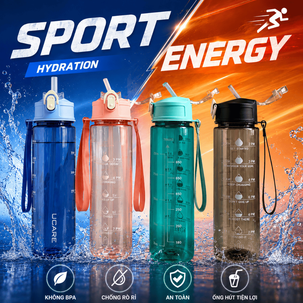 Bình Nước Thể Thao Tritan Ucare 1.1L Không BPA Nắp Vặn Chống Rò Rỉ Bình Nước Gym Đi Học Văn Phòng