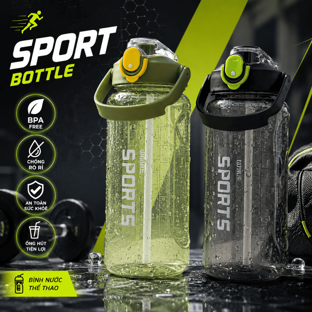 Bình Nước Thể Thao Tritan Ucare 1.1L Không BPA Nắp Vặn Chống Rò Rỉ Bình Nước Gym Đi Học Văn Phòng