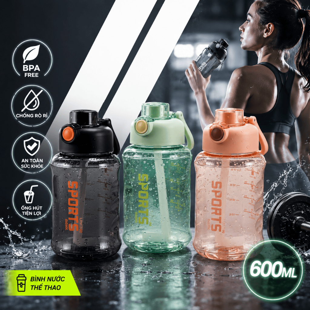 Bình Nước Thể Thao Tritan Ucare 1.1L Không BPA Nắp Vặn Chống Rò Rỉ Bình Nước Gym Đi Học Văn Phòng