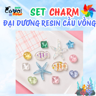 [ĐỘC QUYỀN] Set Charm Đại Dương Resin Cầu Vồng Kawaii Cao Cấp, Bộ 12 Charm Sao Biển, Cá Nhỏ, Trái Tim Trong Suốt Cute
