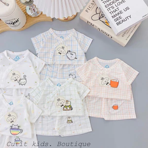 Bộ Cộc Tay Bé Trai, Bé Gái từ 0-9 tháng hoạ tiết Caro chất liệu Petit mềm mại