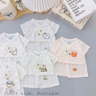 Bộ Cộc Tay Bé Trai, Bé Gái từ 0-9 tháng hoạ tiết Caro chất liệu Petit mềm mại
