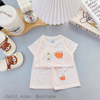 Bộ Cộc Tay Bé Trai, Bé Gái từ 0-9 tháng hoạ tiết Caro chất liệu Petit mềm mại