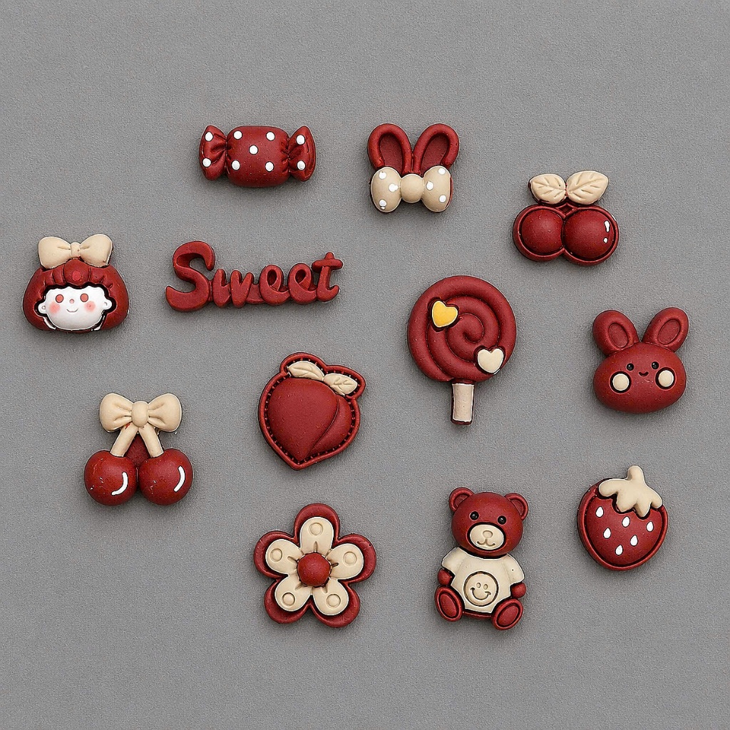 Set 12 Sticker/ Charm gắn dép đáng yêu màu đậu đỏ