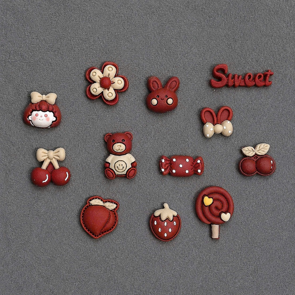 Set 12 Sticker/ Charm gắn dép đáng yêu màu đậu đỏ