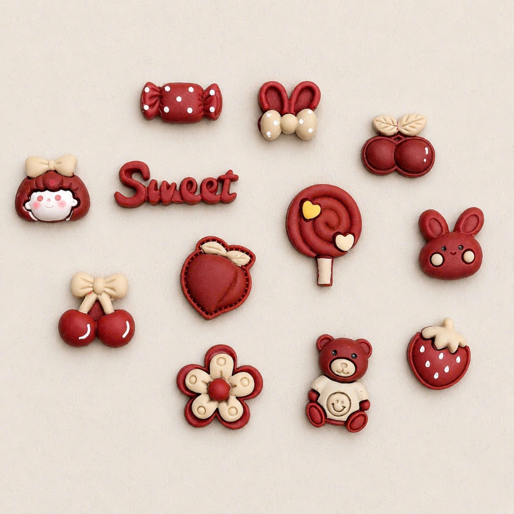 Set 12 Sticker/ Charm gắn dép đáng yêu màu đậu đỏ