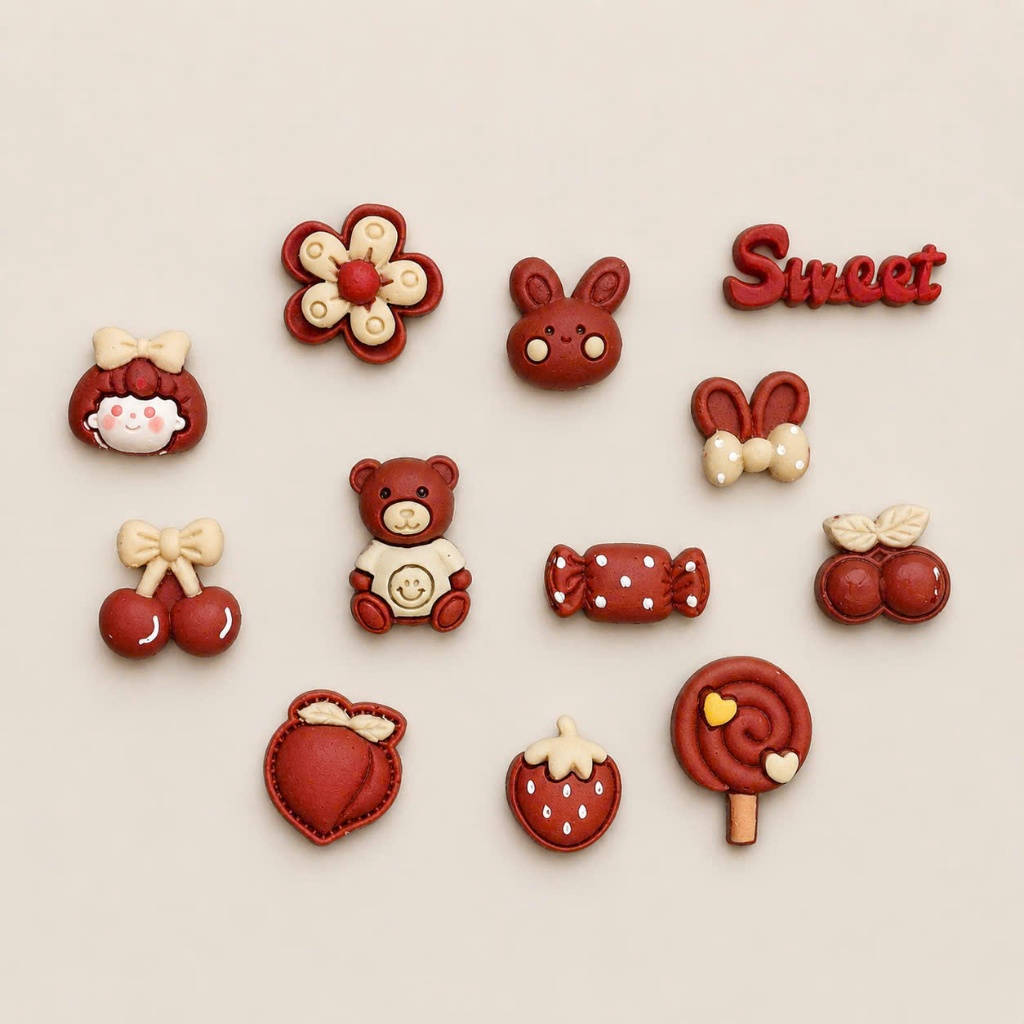 Set 12 Sticker/ Charm gắn dép đáng yêu màu đậu đỏ