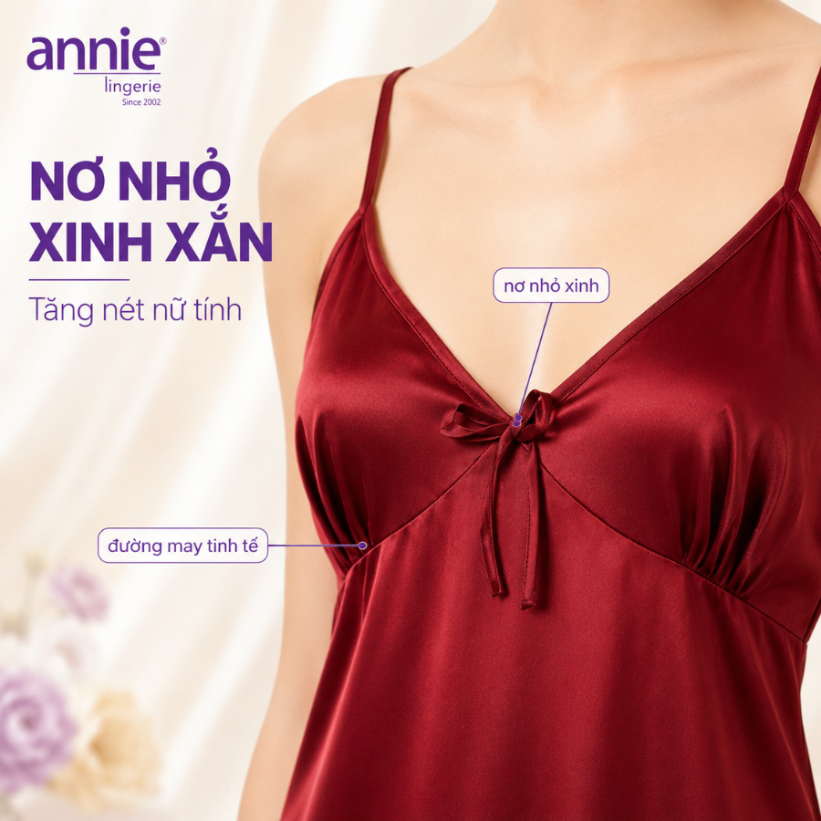 Váy Ngủ Nữ Lụa Satin Hai Dây annie AN 6055 Cổ Tim Cao Cấp, Mềm Mại Bóng Mịn, Thoáng Mát Sang Trọng