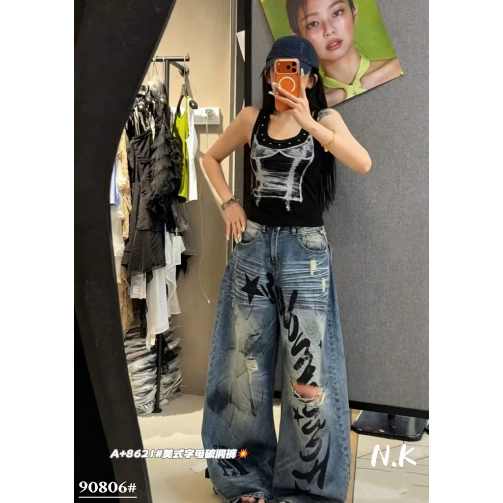 📍Quần Jeans Xuông xanh loang dáng thụng ống cong vảy sơn cào rách phối chữ hottrend QC loại 1 siu chất ‼️