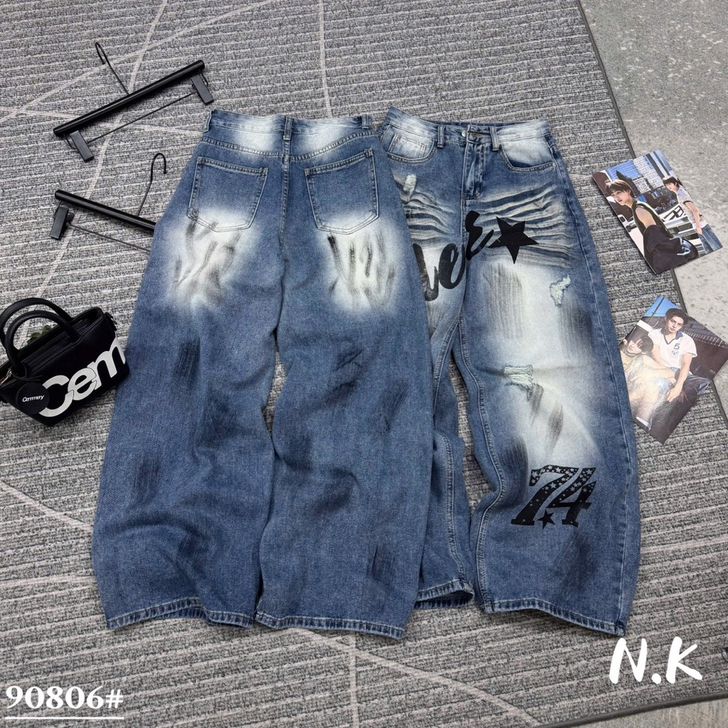 📍Quần Jeans Xuông xanh loang dáng thụng ống cong vảy sơn cào rách phối chữ hottrend QC loại 1 siu chất ‼️