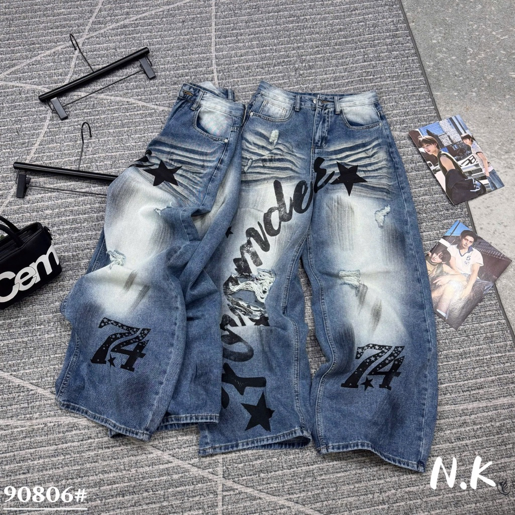 📍Quần Jeans Xuông xanh loang dáng thụng ống cong vảy sơn cào rách phối chữ hottrend QC loại 1 siu chất ‼️