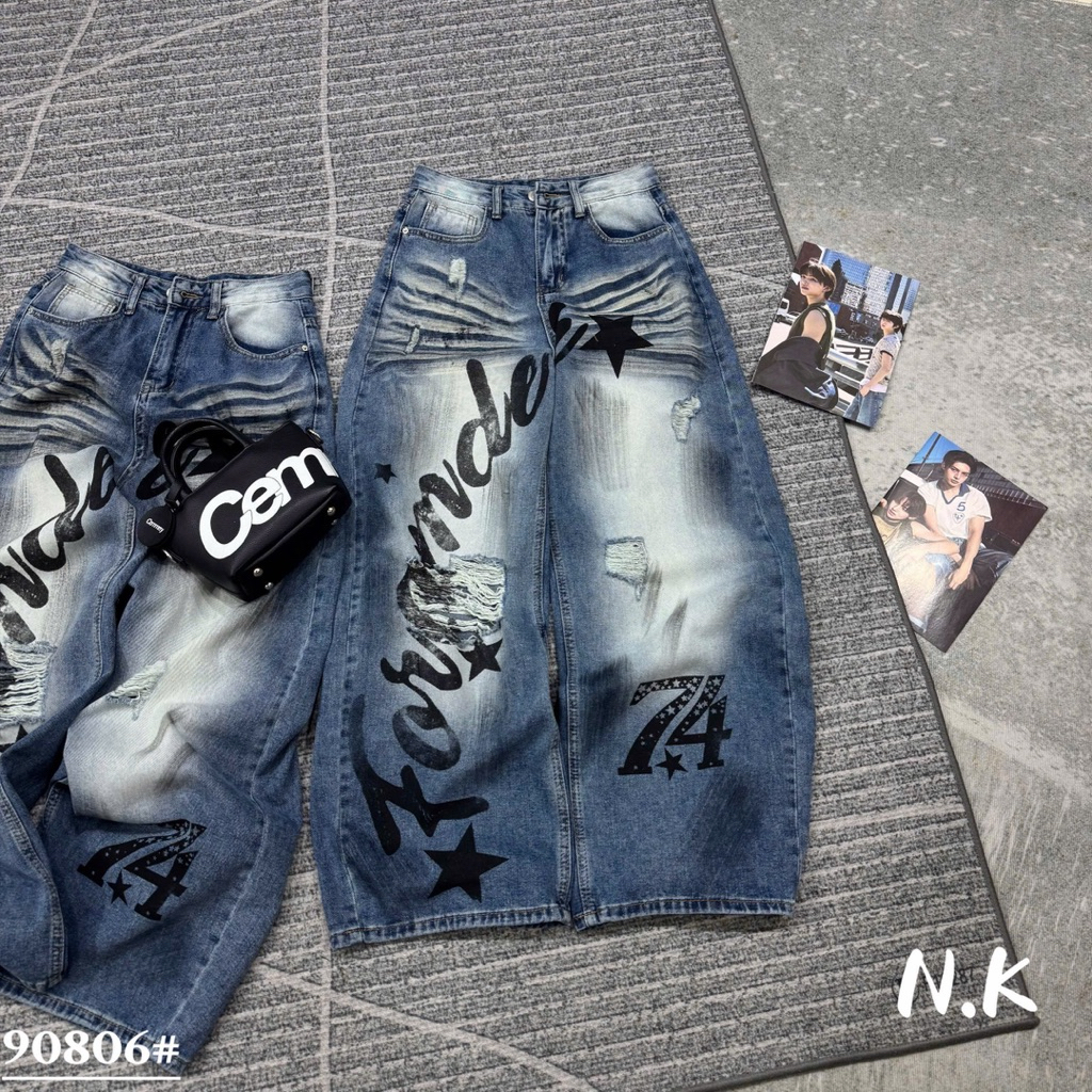 📍Quần Jeans Xuông xanh loang dáng thụng ống cong vảy sơn cào rách phối chữ hottrend QC loại 1 siu chất ‼️