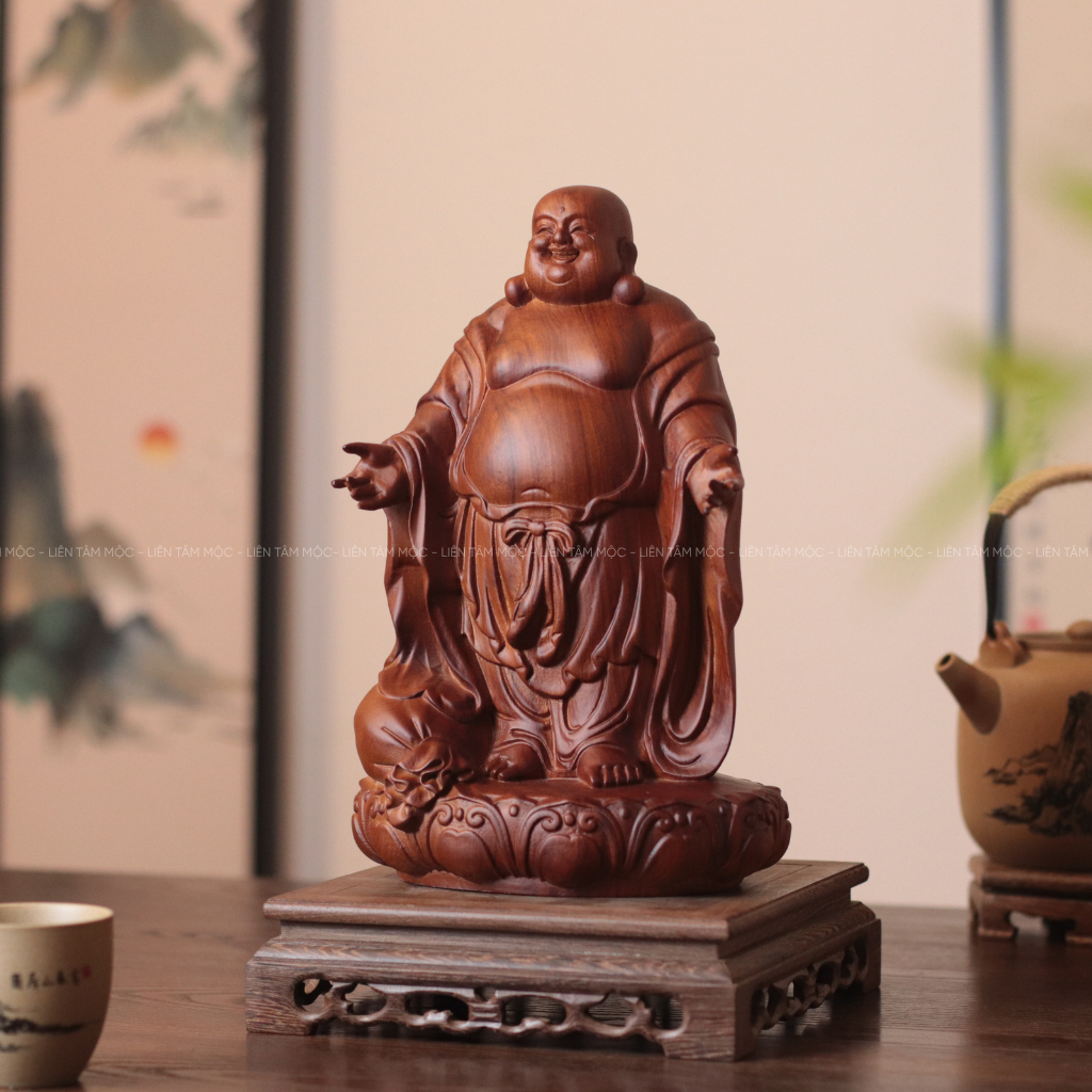 Tượng Phật Di Lặc Dang Tay, Gỗ Hương Cao 20/30cm, Chạm Khắc Thủ Công, Trang Trí Bàn Làm Việc Phong Thủy, ChiêuTài Lộc