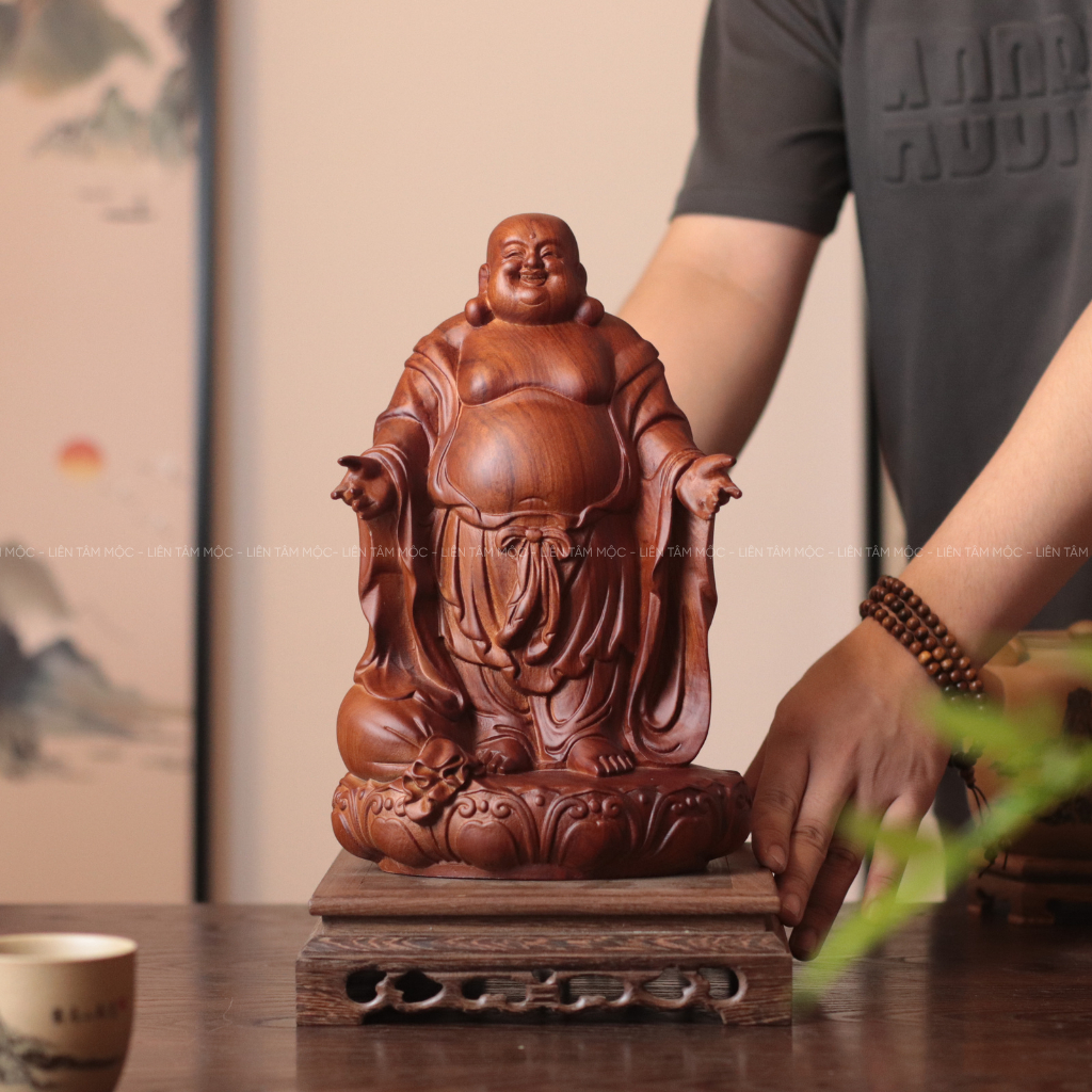 Tượng Phật Di Lặc Dang Tay, Gỗ Hương Cao 20/30cm, Chạm Khắc Thủ Công, Trang Trí Bàn Làm Việc Phong Thủy, ChiêuTài Lộc
