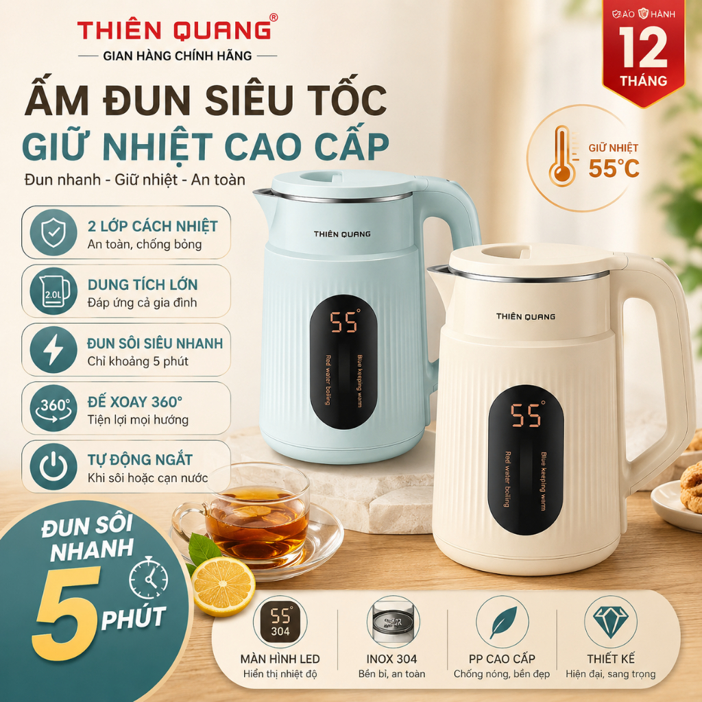 Bình Đun Siêu Tốc ,Ấm đun siêu tốc giữ nhiệt cao cấp Thiên Quang 2 lớp dung tích 2L công suất 1500W