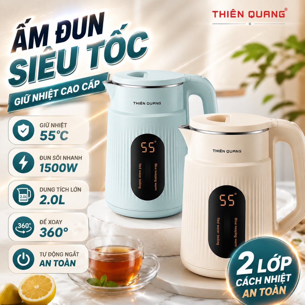 Bình Đun Siêu Tốc ,Ấm đun siêu tốc giữ nhiệt cao cấp Thiên Quang 2 lớp dung tích 2L công suất 1500W