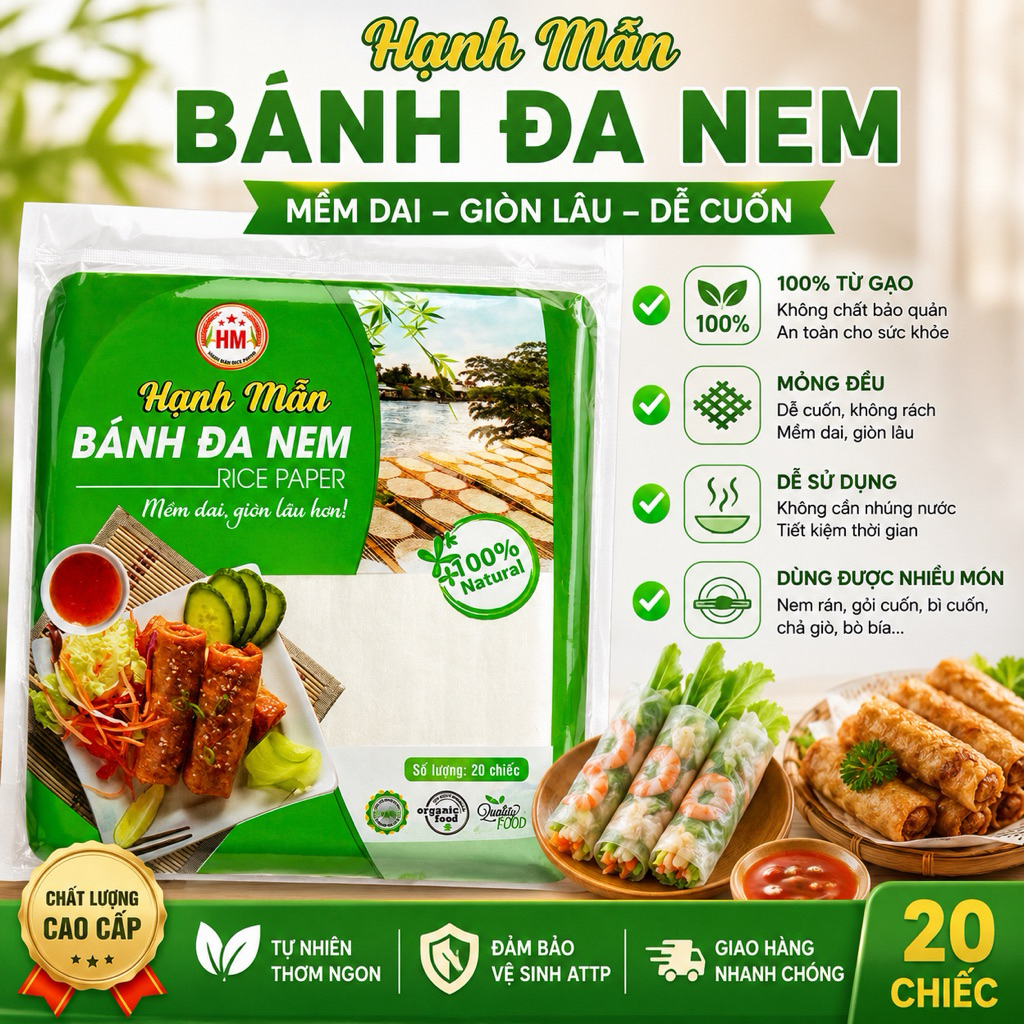 Combo BÁNH ĐA NEM HẠNH MẪN Chính hãng túi 20 chiếc - Vỏ Ram Làm Nem - Mềm dai dễ cuốn, Giòn Lâu Hơn