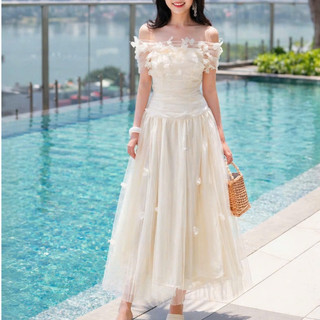 Đầm xoè trễ vai dự tiệc đính hoa rơi nhẹ nhàng MD3
