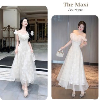 Đầm tiểu thư bệt vai đính hoa tùng xoè dự tiệc sang chảnh
