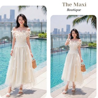 Đầm xoè trễ vai dự tiệc đính hoa rơi nhẹ nhàng MD3