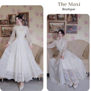 Váy thiết kế tay dài tùng xoè bồng bềnh hoạ tiết thêu nổi mới nhất HG9
