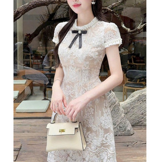 Váy thiết kế dáng xoè phối ren đính nơ cài cao cấp MC7