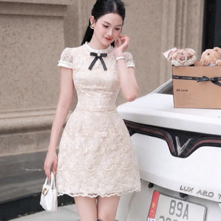 Váy thiết kế dáng xoè phối ren đính nơ cài cao cấp MC7