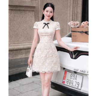 Váy thiết kế dáng xoè phối ren đính nơ cài cao cấp MC7