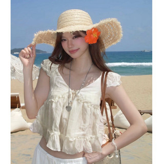 Áo kiểu nữ cổ V bèo tầng họa tiết xinh xắn, Áo babydoll tơ mềm phối bèo nhún phong cách tiểu thư