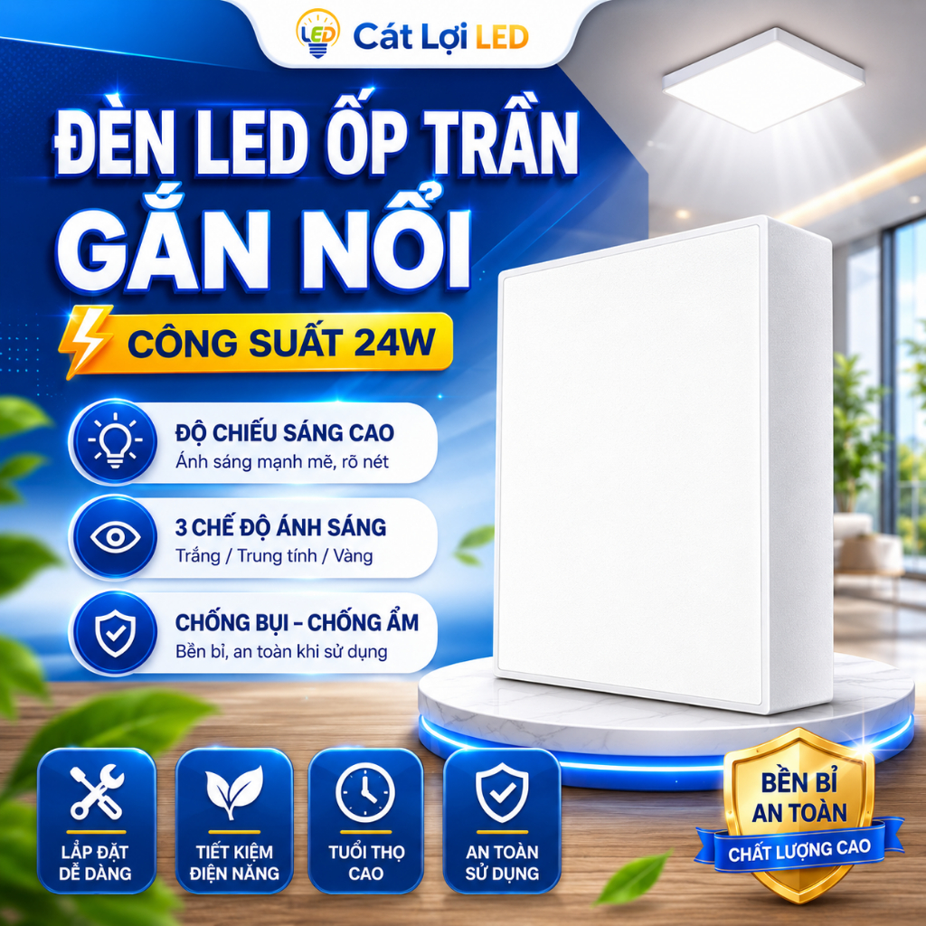 Đèn Ốp Trần LED Gắn Nổi Vuông Trần Viền 24W, 3 Chế Độ Màu Ánh Sáng, Ánh Sáng Đẹp, Tiết Kiệm Điện
