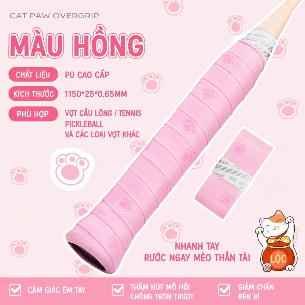 Mua 5 tặng 1 - Mua 10 tặng 2 Quấn Cán Vợt Họa Tiết Chân Mèo PU Cao Cấp Pickleball Cầu Lông Tennis