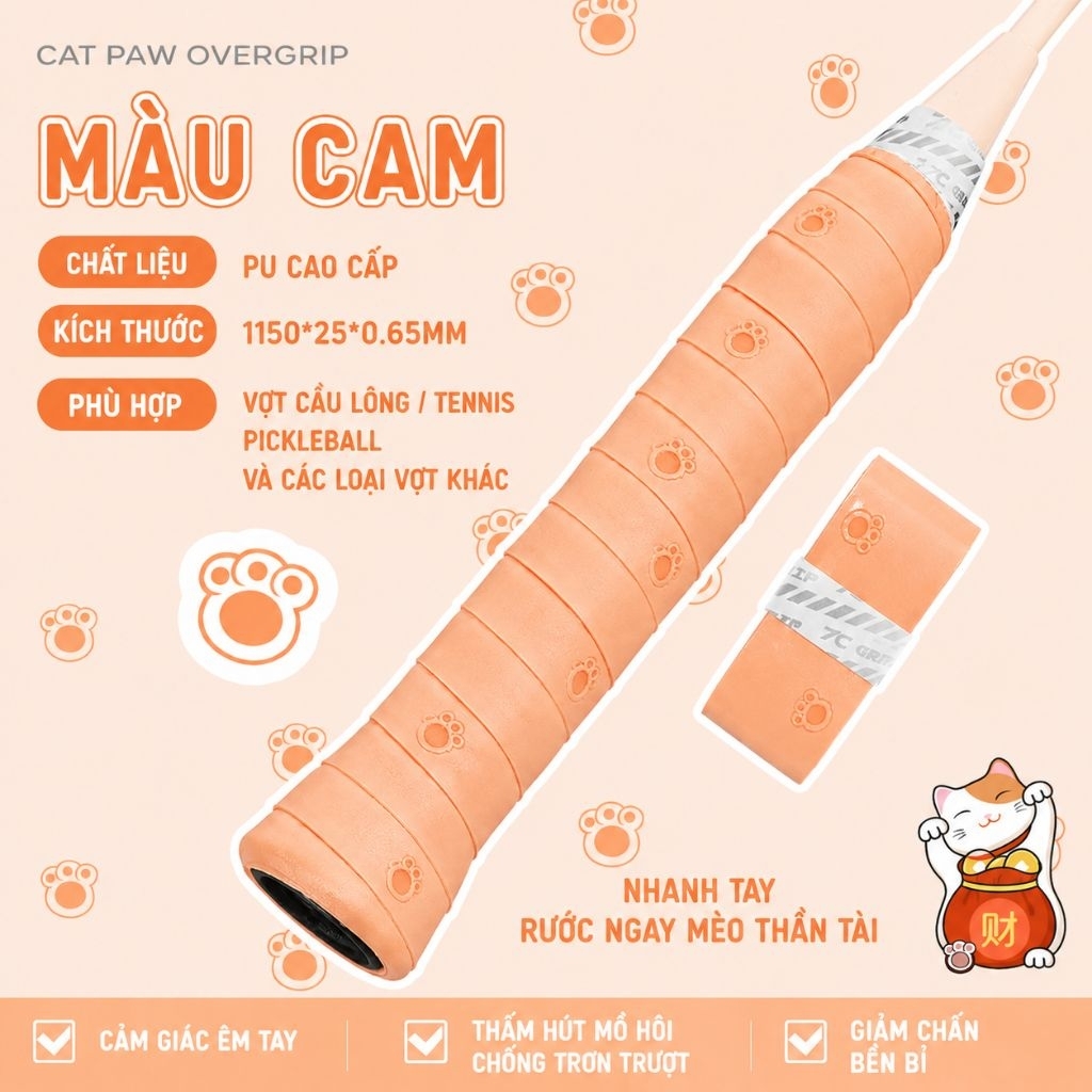 Mua 5 tặng 1 - Mua 10 tặng 2 Quấn Cán Vợt Họa Tiết Chân Mèo PU Cao Cấp Pickleball Cầu Lông Tennis